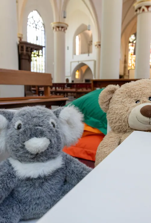 Zwei Plüschbären sitzen im Bildvordergrund einer hellen Kirche. Neben ihm liegen bunte Kissen am Boden, im unscharfen Hintergrund sind Kirchenbänke, Säulen und gotische Bögen zu sehen.