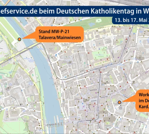 Karte von Würzburg mit markierten Standorten von Messestand und Workshops von Pfarrbriefservice.de