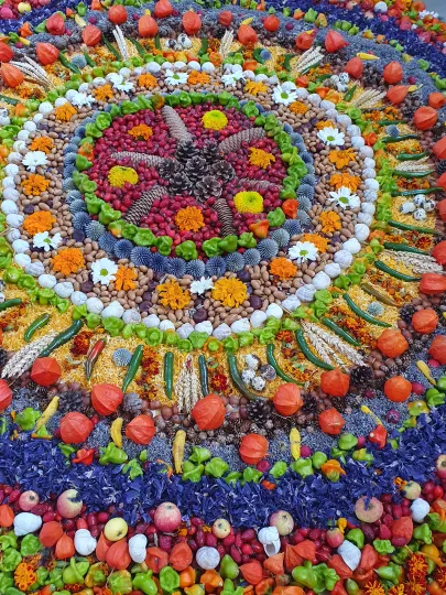 Draufsicht auf ein rundes, detailreiches Erntedank-Mandala, kunstvoll gelegt aus Getreideähren, Physalis, Beeren, kleinen Äpfeln, Zapfen und Blütenblättern.