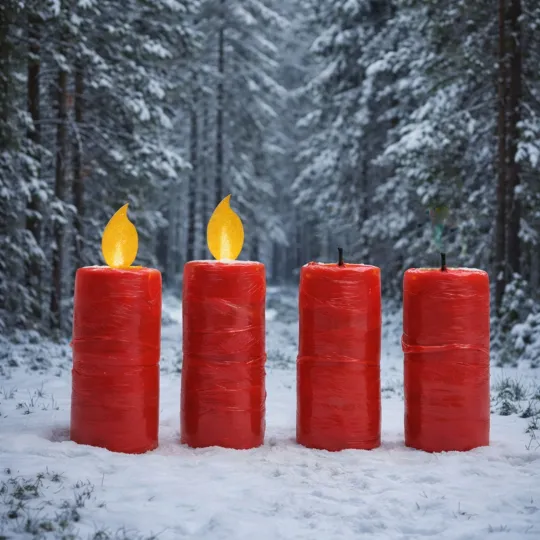 Vier rote Kerzen stehen nebeneinander im Schnee eines verschneiten Winterwaldes; nur die beiden Kerzen links „brennen” symbolisch mit gelber Flamme für den zweiten Advent. 