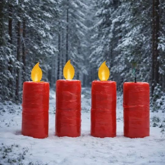 Vier rote Kerzen stehen nebeneinander im Schnee eines verschneiten Winterwaldes; nur drei Kerzen „brennen” symbolisch mit gelber Flamme für den dritten Advent. 