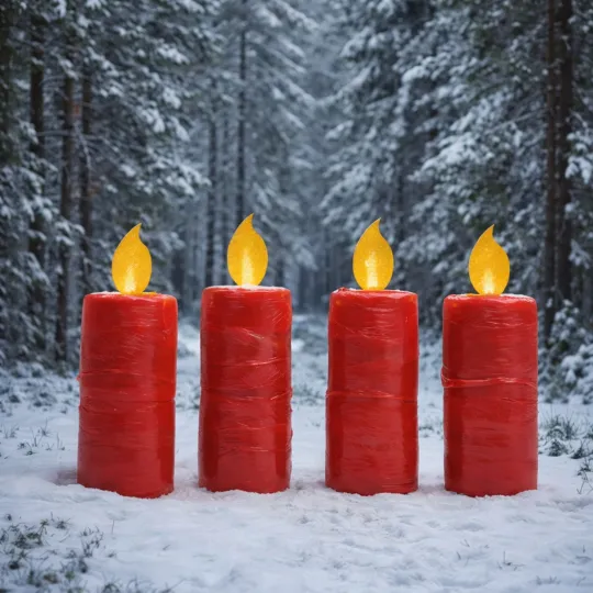 Vier rote Kerzen stehen nebeneinander im Schnee eines verschneiten Winterwaldes; die vier Kerzen „brennen” symbolisch mit gelber Flamme für den vierten Advent. 