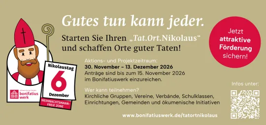 Anzeige mit gezeichnetem Nikolaus, Kalenderblatt 6. Dezember und Förderaufruf für Projekte