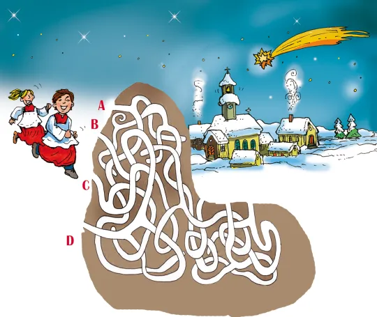 Illustration: Zwei Ministranten im Winter suchen in einem Wege-Labyrinth den Weg zu einem verschneiten Dorf mit Kirche