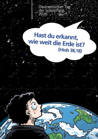 Comicfigur betrachtet Erdkugel vor Sternenhimmel, Sprechblase mit Bibelzitat