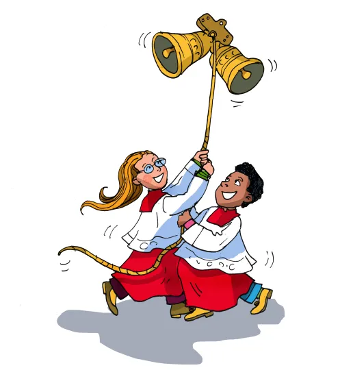 Illustration: Zwei fröhliche Kinder im Messdienergewand läuten gemeinsam große goldene Glocken