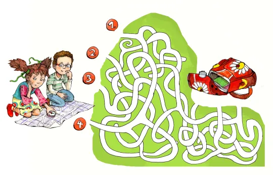 Zeichnung: Links zwei Kinder vor einem Labyrinth, rechts ein roter Schulranzen