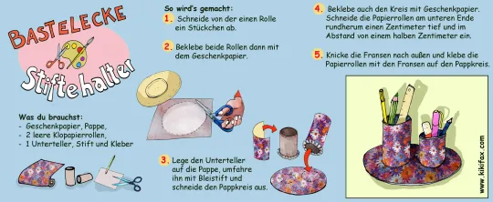 Bunte Bastelanleitung für einen Schreibtisch-Stiftehalter aus Papierrollen und Geschenkpapier