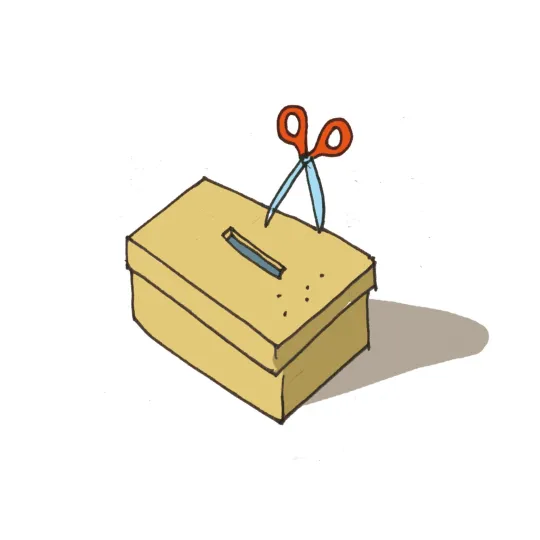 Illustration: Schere hat einen Schlitz in einen braunen Karton geschnitten