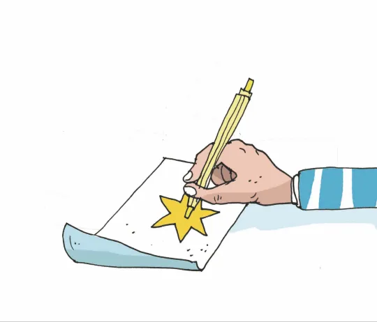 Illustration: Hand zeichnet gelben Stern auf weißes Papier
