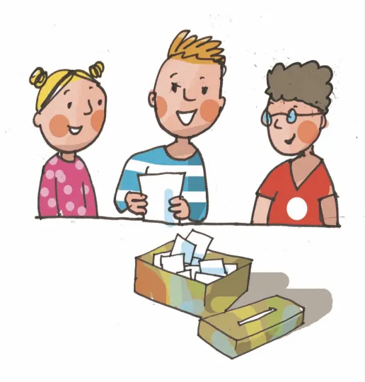 Illustration: Drei Kinder ziehen Lose aus einer bunten Box und lächeln