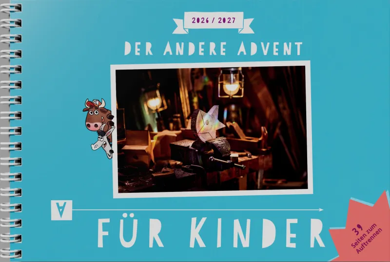 Blauer Kalender mit Foto einer Holzwerkstatt, Aufschrift „Für Kinder“, klein gezeichnete Kuh und Esel