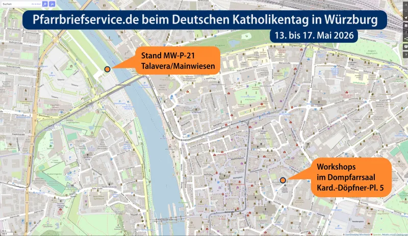 Karte von Würzburg mit markierten Standorten von Messestand und Workshops von Pfarrbriefservice.de