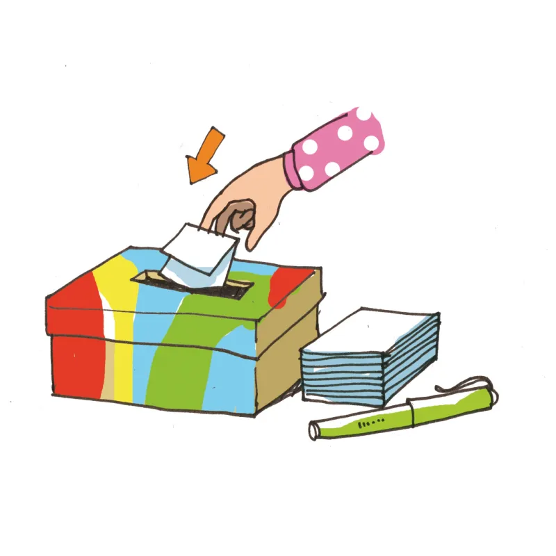 Illustration: Hand wirft Zettel in bunte Box, daneben Stapel Papier und grüner Stift